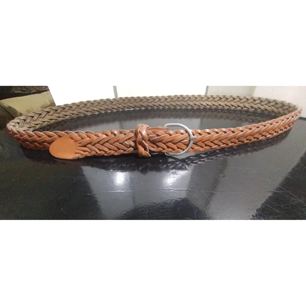 Vintage Cognac Brown Braided Genuine Leather Belt Silver Buckle Size ML 1 Inch